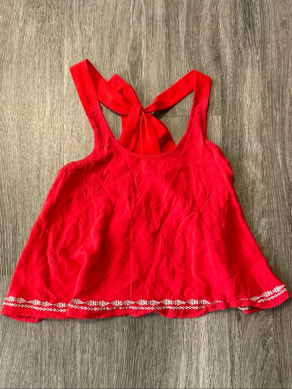 Red Tie-Back Tank Top with Embroidered Hem